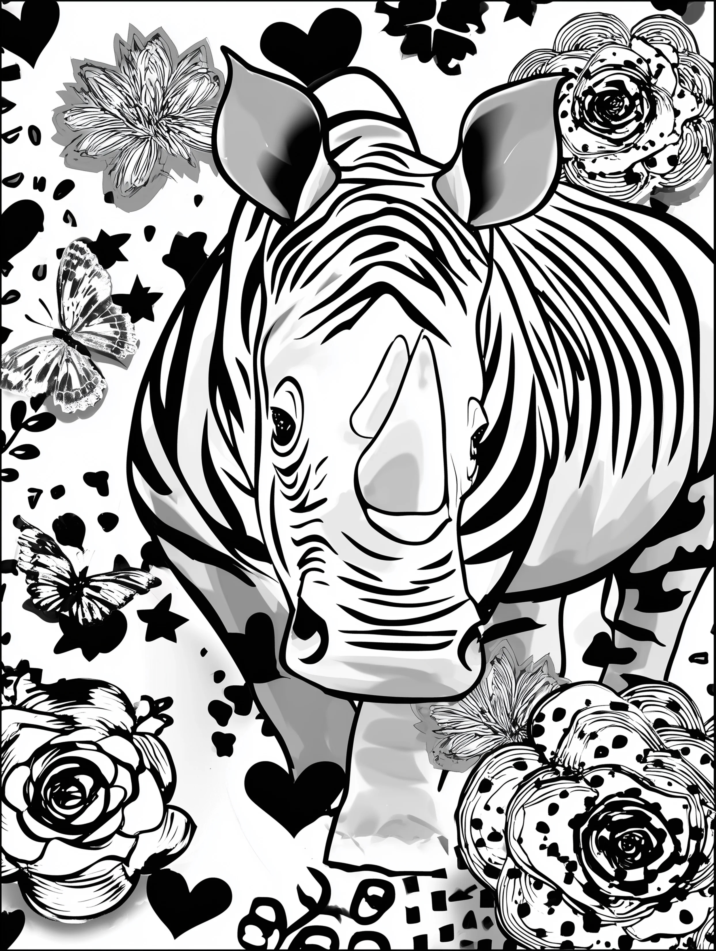 Free printable zoo coloring sheet featuring a rhinoceros with floral elements